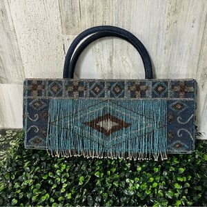 Tina Sparkle by Ipa Nima Denim Brown Geometric Purse Exquisitely Beaded Fringe